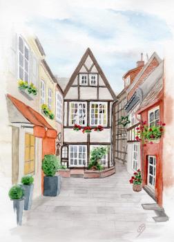 Postkarte DIN-A5 Aquarell Maritim Kunst Druck Kunstdruck Bremen Bremer Schnoor Gasse Nordsee Souvenir Souvenirs